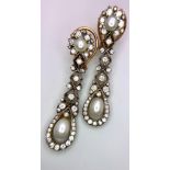 A Pair of 14K Yellow Gold, Diamond and Pearl Art Deco Drop Earrings. Beautifully crafted with bright