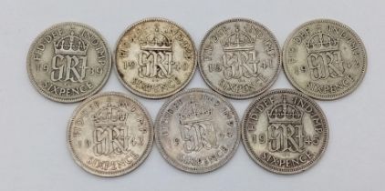 A Parcel of 7 Consecutive Run Date WW2 Silver Sixpences 1939-1945 Inclusive. 19.53 Grams. All at