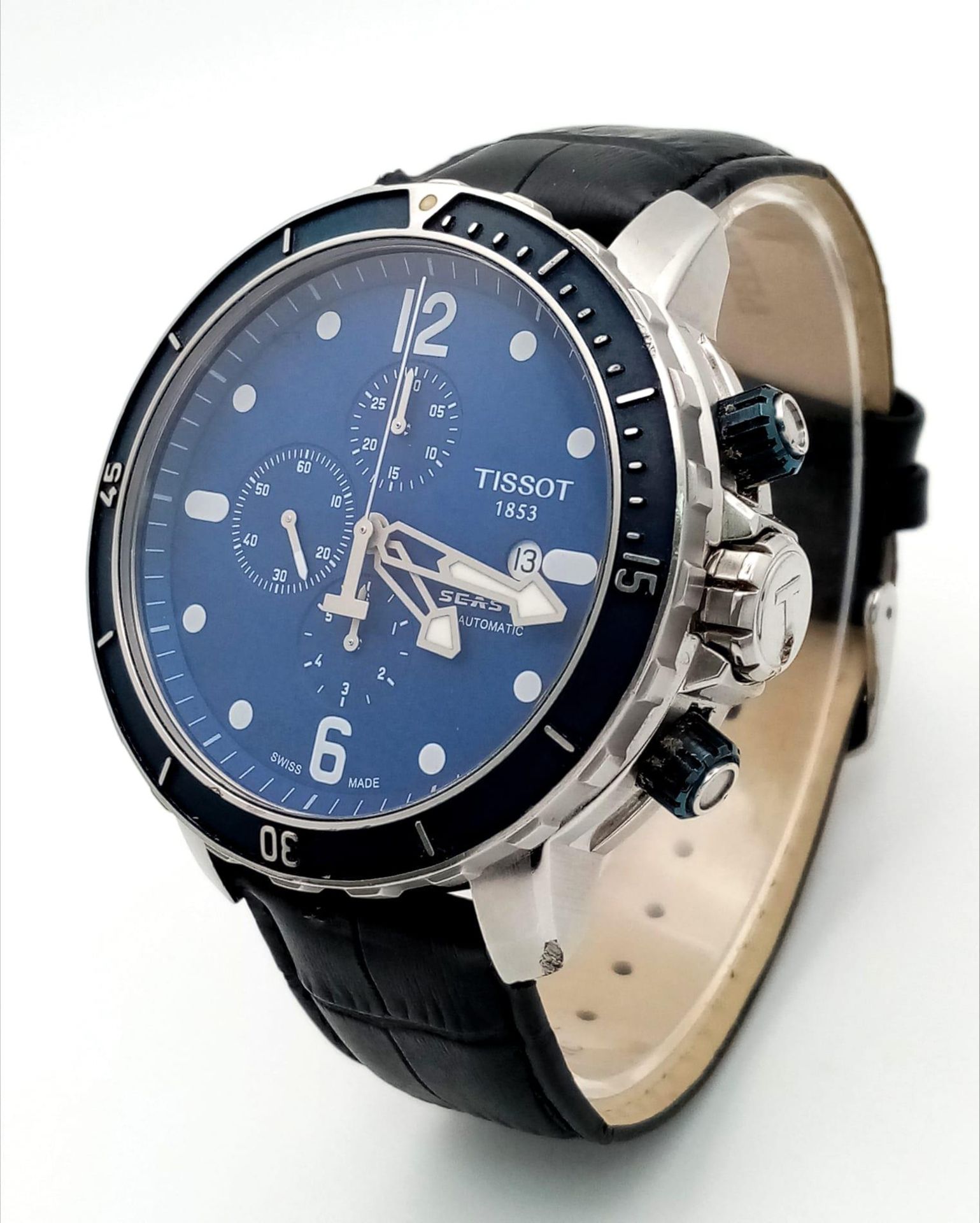 A Tissot Seastar Automatic Chronograph Gents Watch. Black leather strap. Stainless steel case - - Image 2 of 6