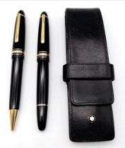A MONTBLANC 2 PEN SET IN QUALITY LEATHER CASE . THE FAMOUS MEISTERSTUCK DESIGN , A REALLY