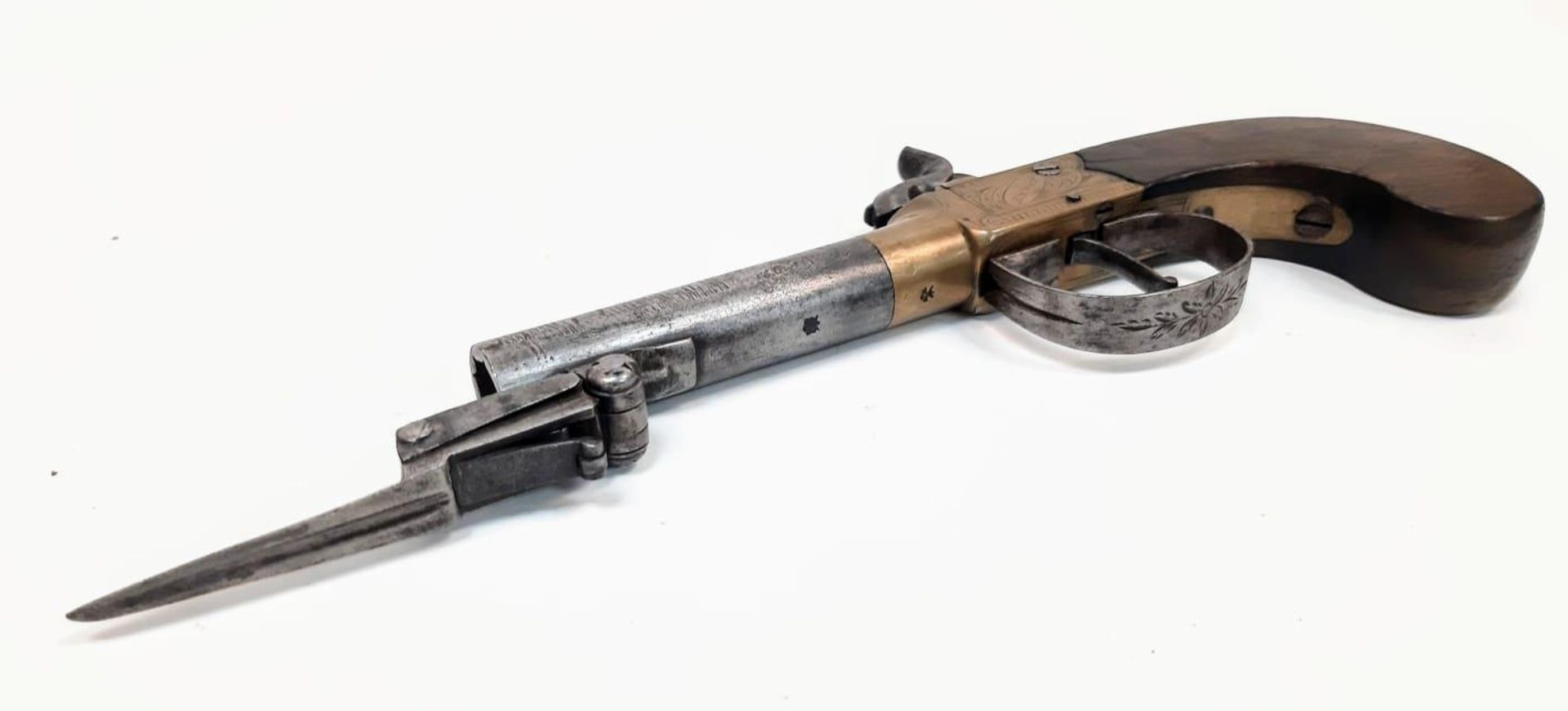 A Rare Mid 19th Century 54 Bore Boxlock Percussion Pistol with Quick-Release Bayonet! Makers mark of - Image 6 of 11