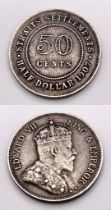 A 1907 Edward VII Half Dollar Silver Straits Settlement Coin.