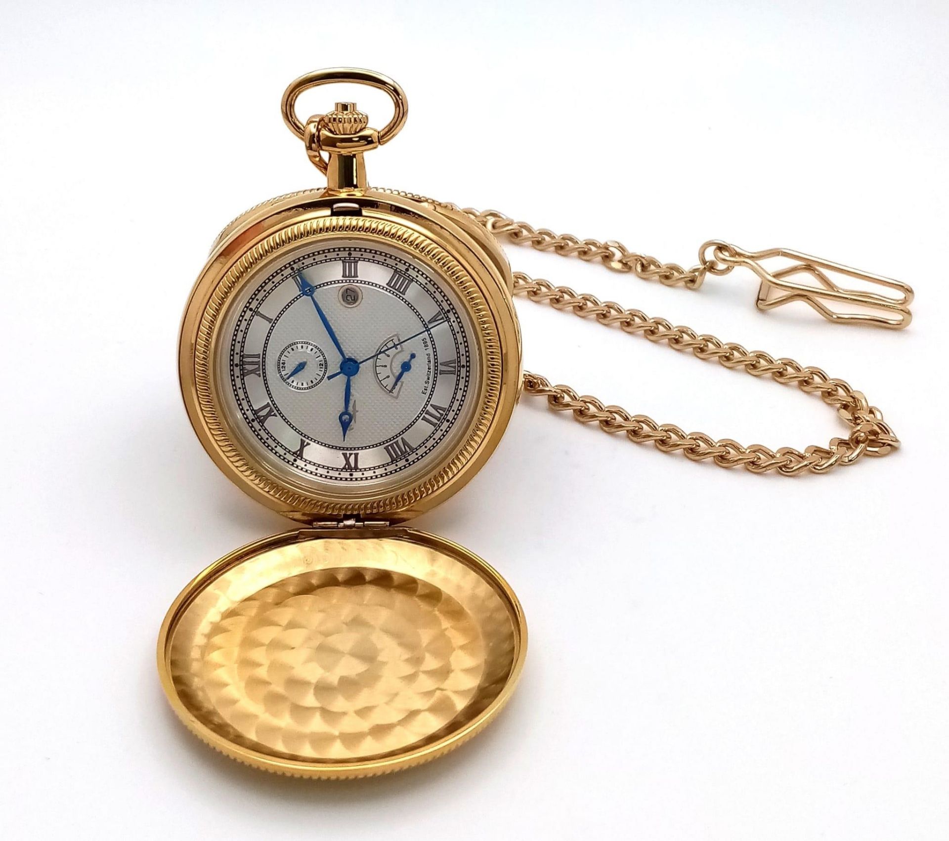 An Unworn Gold Plated Rotary Manual Wind Pocket, Date Watch. 4 Day Power Reserve. With Albert Chain. - Image 2 of 8