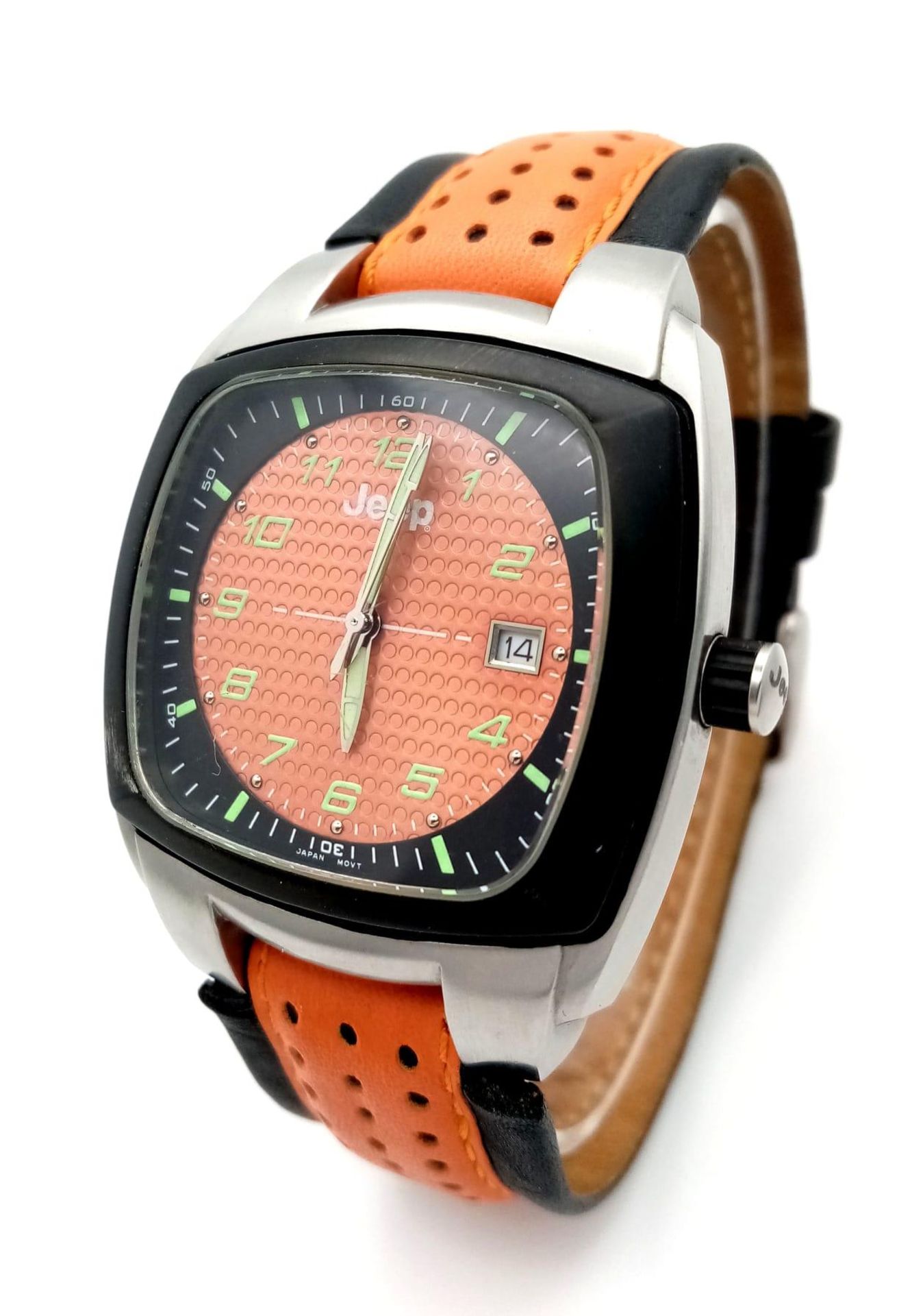 A Jeep Logo Quartz Gents Watch. Orange leather strap. Stainless steel case - 41cm. In good condition