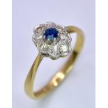 A VINTAGE 18K YELLOW GOLD DIAMOND & SAPPHIRE RING. Size P, 2.8g total weight.