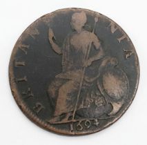 A 1694 William and Mary Half Penny Coin. Please see photos for conditions.