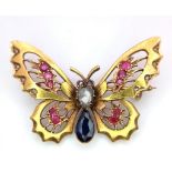 Joy to the World! A Victorian 18K Yellow Gold, Sapphire Diamond and Ruby Butterfly Brooch. An old