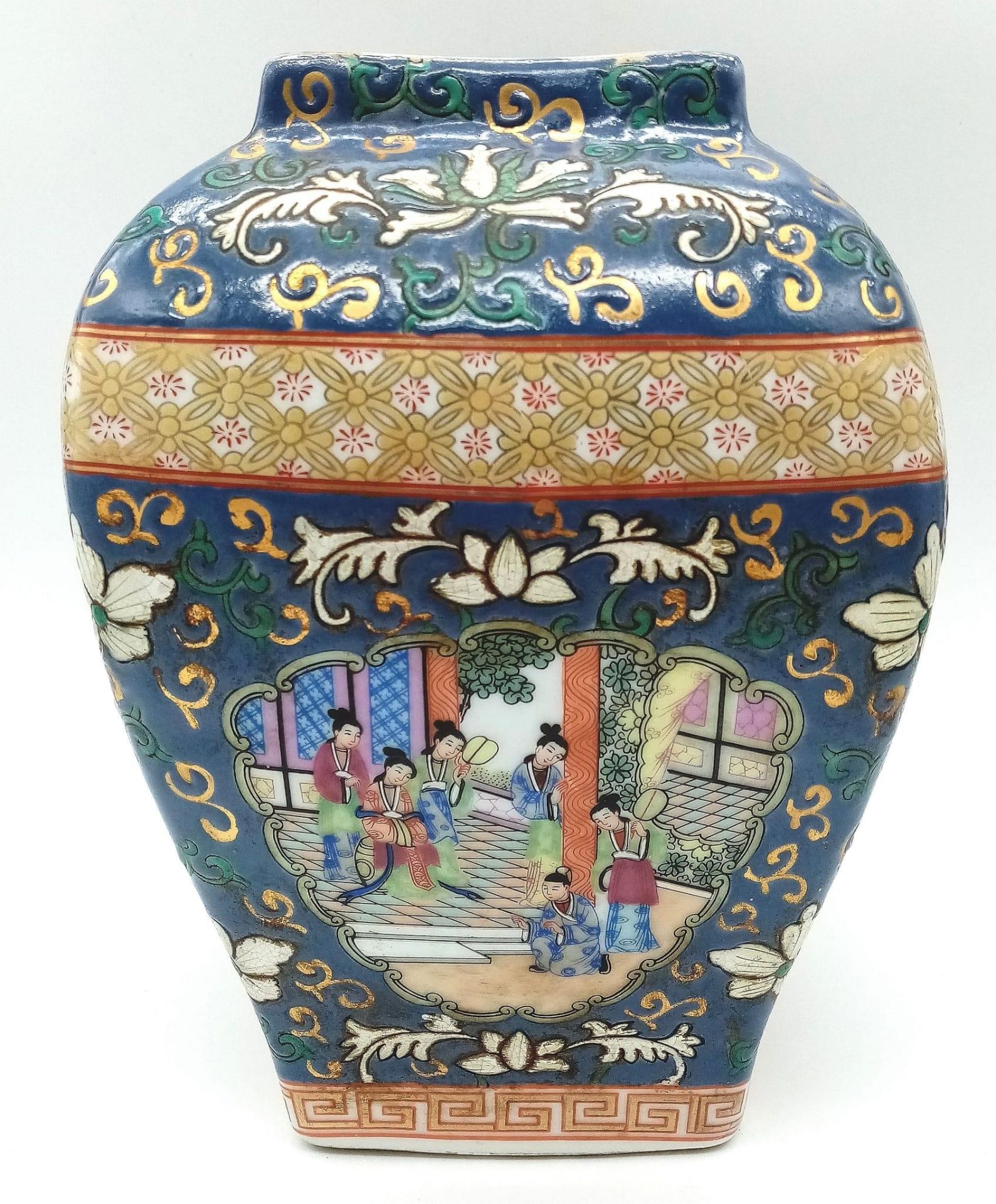 Unusual Chinese Canton Famille Rose Antique Vase. Decorated in vibrant enamel colours, depicting - Image 6 of 6