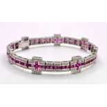A Captivating 18K White Gold, Ruby and Diamond Ladies Tennis Bracelet. 112 Square cut rubies and 300