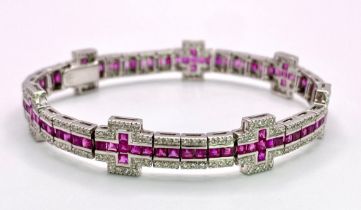 A Captivating 18K White Gold, Ruby and Diamond Ladies Tennis Bracelet. 112 Square cut rubies and 300