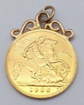 22ct gold half sovereign coin dated 1906 attached to a 9ct yellow gold pendant or charm mount, 4.5g