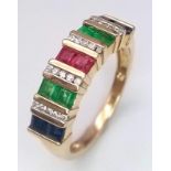9K YELLOW GOLD DIAMOND, RUBY, EMERALD & SAPPHIRE RING. WEIGHS 3.5G AND SIZE M. REF: SC 7087