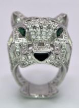 A very impressive, silver PANTHER ring in the style of French designer with hundreds of cubic