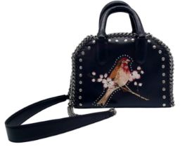 A Stella McCartney Black Falabella Box Handbag. Leather exterior with embroidered bird and cherry