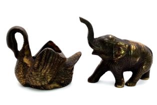 Two Small Vintage Brass Animal Figures. An Elephant and Swan - Both with wonderful patinas. Elephant