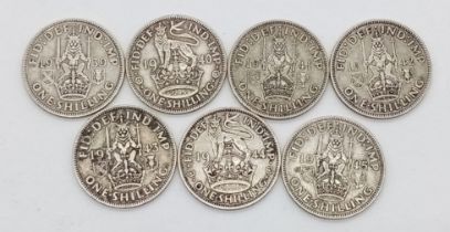 A Parcel of 7 Pre-1947 Silver Shillings, All WW2 Dated and Consecutive Date Run 1939-1945 Inclusive.