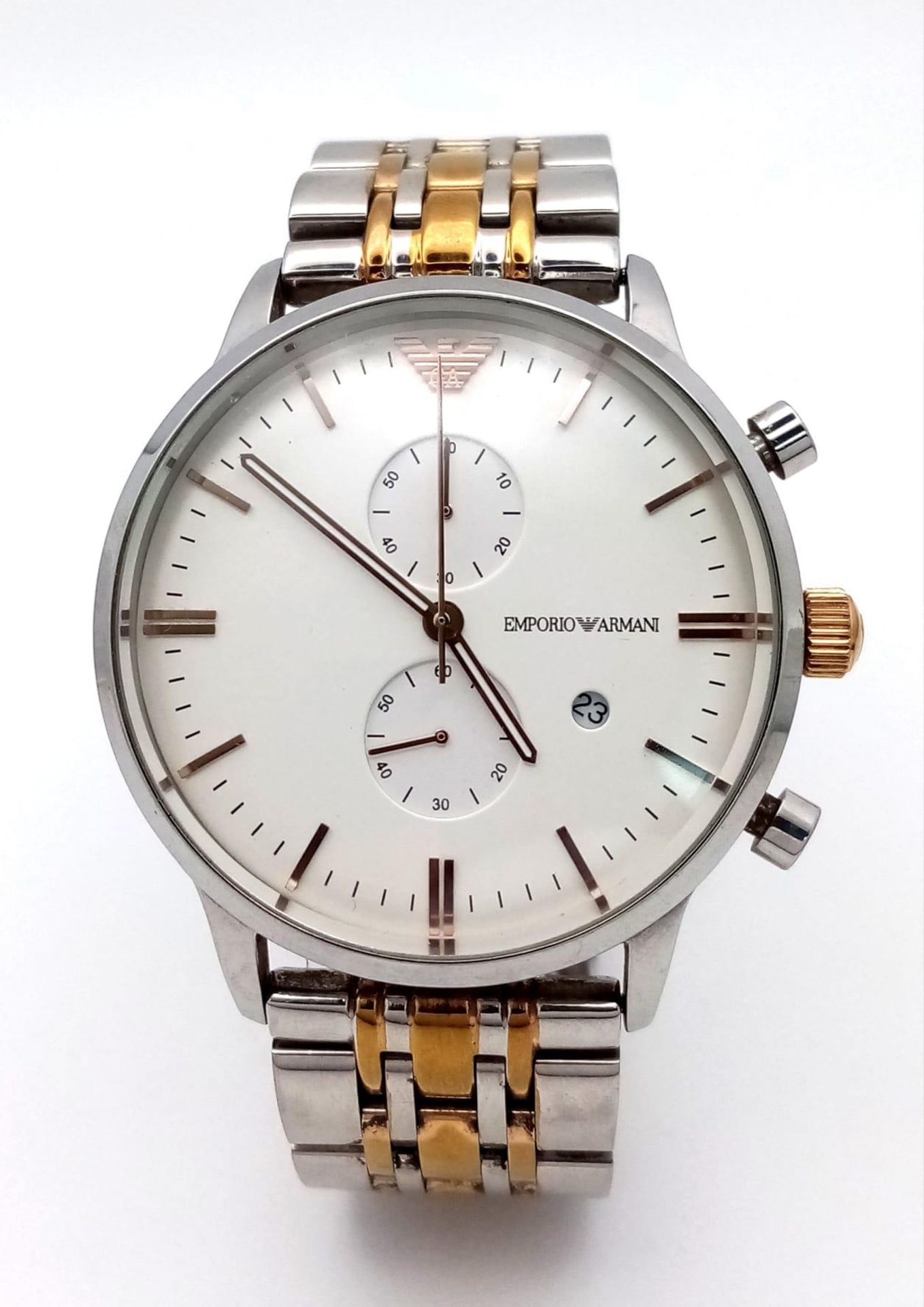 An Emporio Armani Designer Two Tone Quartz Chronograph Gents Watch. Two tone stainless steel - Image 2 of 6