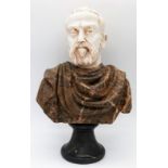 A Marble Bust of Distinct Grandeur. A black marble base, leads to a wonderfully selected veiny brown