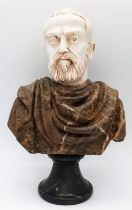 A Marble Bust of Distinct Grandeur. A black marble base, leads to a wonderfully selected veiny brown