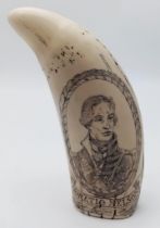 An Excellent Detailed and Condition, Vintage Scrimshaw Faux Tusk Depicting Horatio Nelson and H M