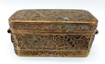 An Antique Bronze Indian Spice Chest. Beautiful intricate scroll design. Under the lid, 4