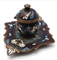 A VERY EARLY TIBETAN BRONZE AND ENAMEL INK WELL . 10 X 8cms