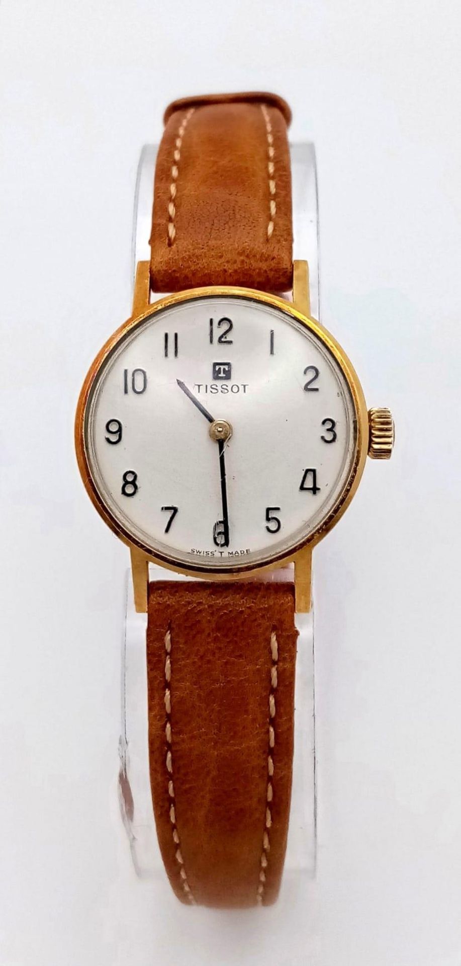 A Lovely Vintage 18K Gold Cased Tissot Ladies Watch. Brown leather strap. 18k gold inner - Image 2 of 6