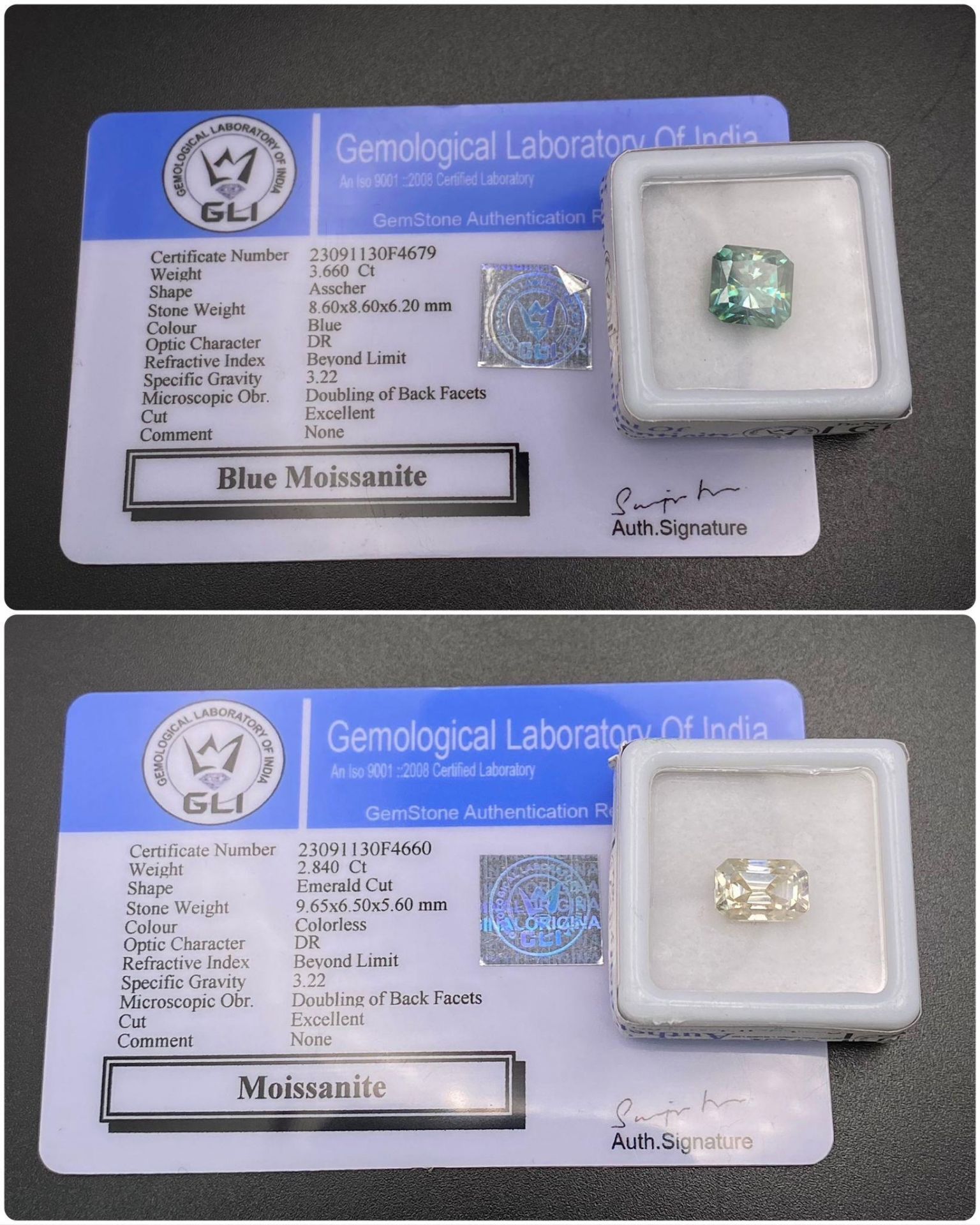 A Collection of 2 Moissanites Gemstones - 3.60ct blue and 2.840ct White Moissanite. Both with GLI - Image 4 of 4