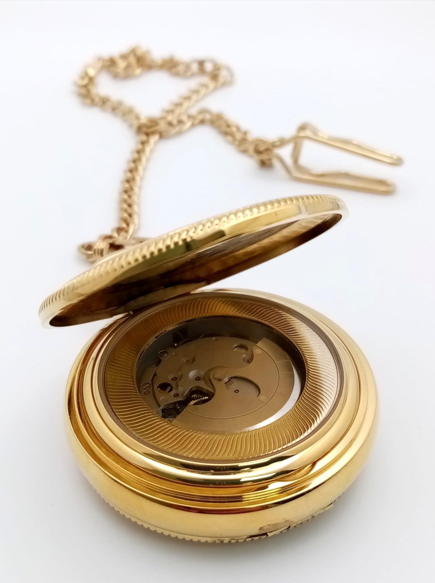 An Unworn Gold Plated Rotary Manual Wind Pocket, Date Watch. 4 Day Power Reserve. With Albert Chain. - Image 6 of 8