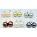 Six Pairs of Colourful South Sea Pearl Shell Bead Stud Earrings. Six wonderful shades - 10mm. Set in