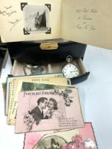 Vintage WW2 postcards & pocket watch in canter lever jewellery box .