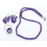 A collection of Amethyst gemstone Jewellery. Featuring a beaded necklace (44cm) with a 925 Silver