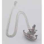 A Quality Detailed Sterling Silver Viking Long Boat Pendant Necklace 46cm Length. Pendant Measures