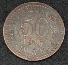 1916 Dated German prisoner of war (POW) 50 Pfennigs kriegsgfangenen lagergeld (war cash) currency,