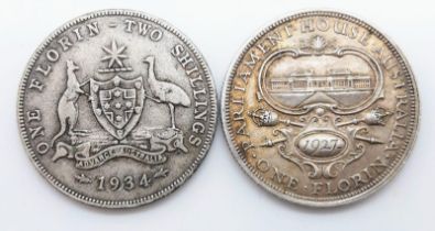 Two Silver Australian Florins - 1927 and 1934.