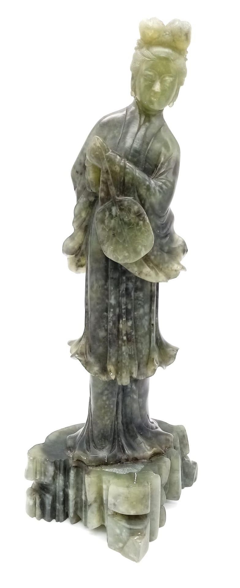 A large Chinese Antique Figure of a Lady carved in Dark Green Jade. Exquisitely carved and the