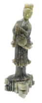 A large Chinese Antique Figure of a Lady carved in Dark Green Jade. Exquisitely carved and the