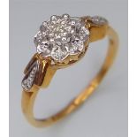 9K YELLOW GOLD, DIAMOND CLUSTER RING. WEIGHS 3G AND SIZE X. REF: SC 7063