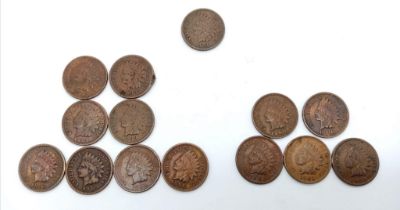 A 1878, USA Indian Head, 1 Cent Coin. Plus, 13 other Indian Head, 1 Cent Coins ranging between