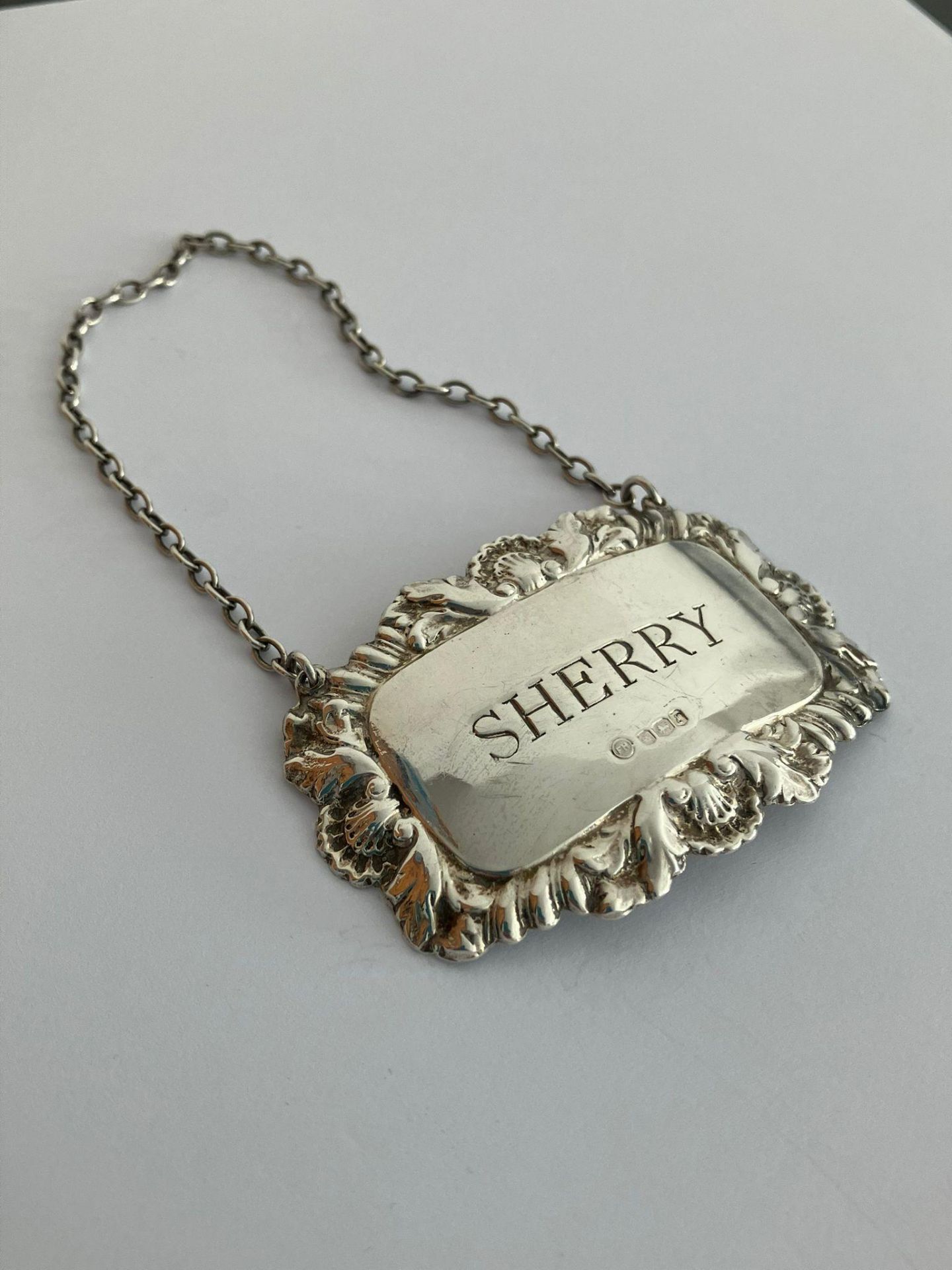 Vintage SILVER SHERRY DECANTER LABEL, clear hallmark for Francis Howard, Sheffield 1979. Having an