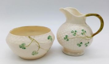 A Vintage Beeleek of Ireland Porcelain Creamer and Sugar Bowl. Shamrock decoration. 10cm tall -
