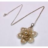 A Sterling Silver Filigree Flower Design Pendant Necklace. 50cm Length Chain. Pendant Measures 4cm