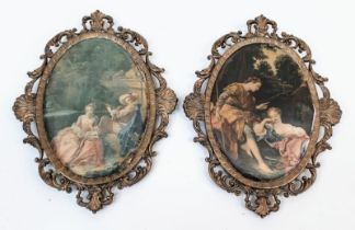 A pair of very old stain artworks in oval metal frames. Made in Italy, this pair is quite unique and