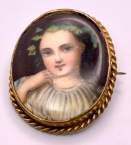 An Antique (possibly French) Gold and Hand-Painted Porcelain Portrait Brooch. 4cm. 9.05g total