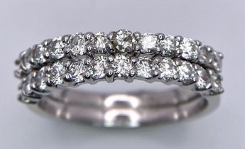 A 14K WHITE GOLD DOUBLE ROW DIAMOND RING. SIZE N/O, 0.96CTW, 4.1G TOTAL WEIGHT. Ref: SC 7018