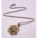 A Sterling Silver Filigree Flower Design Pendant Necklace. 50cm Length Chain. Pendant Measures 2.5cm