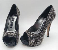 A Genuine Pair of ‘Gina’ Open Toe Black Satin Crystal Set Platform Shoes Size 3 UK (36 European).