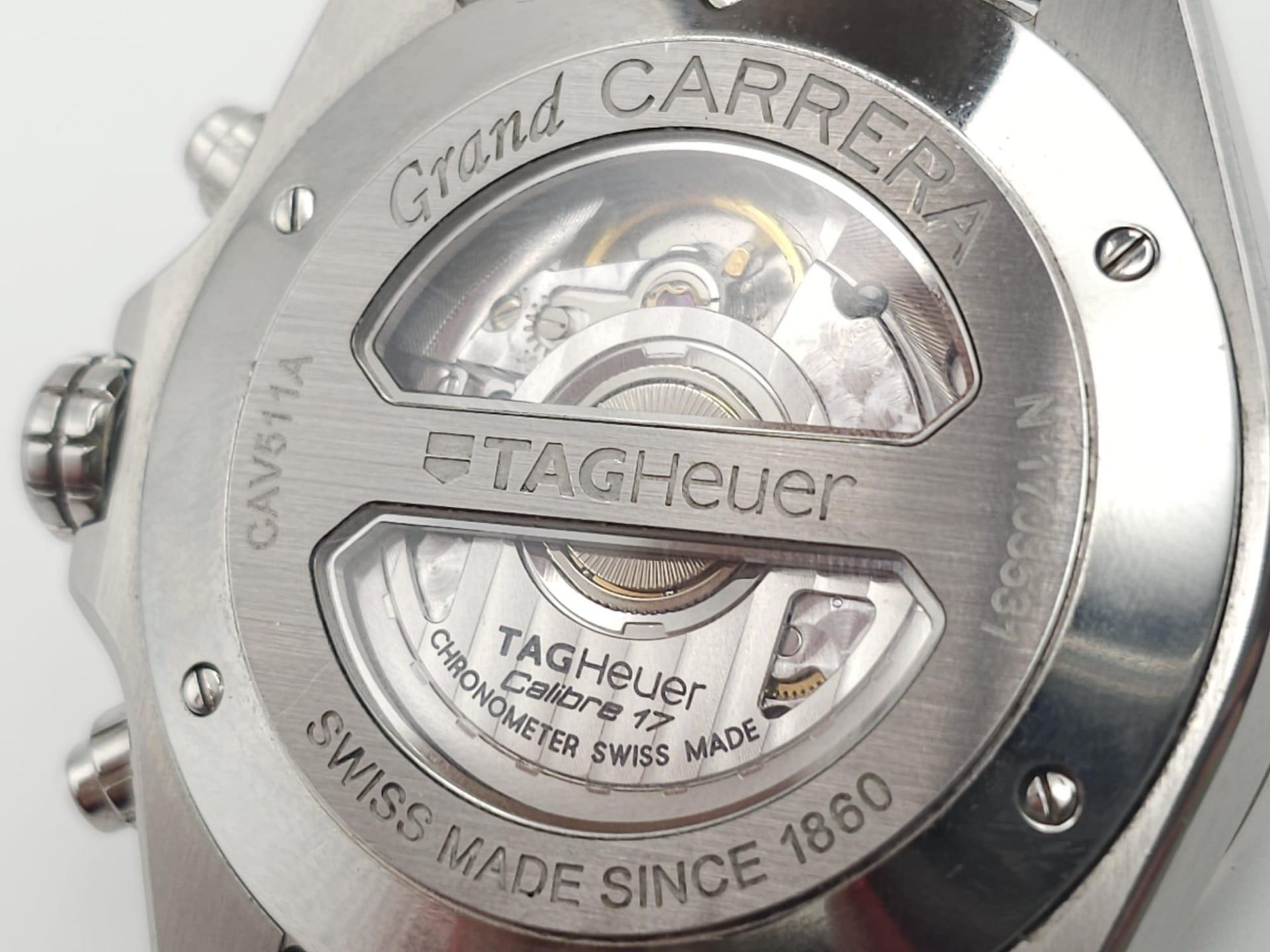 A TAG HEUER "GRAND CARRERA" AUTOMATIC CHRONOMETER WITH SKELETON BACK AND ON THE ORIGINAL TAG LEATHER - Image 9 of 10