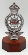 Early Pre-War Royal Auto Mobil Club Car Badge mounted on a teak plinth.