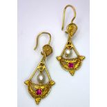 A Pair of Antique 18K Yellow Gold, Pearl and Ruby Drop Earrings. Beautiful 'hanging basket'